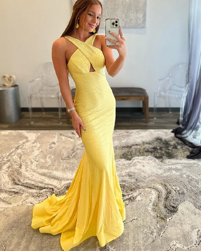 illusion neckline prom dressesCrisscross Beading Yellow Mermaid Prom Dress gh2486