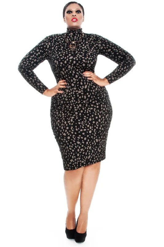 Full Length Long Sleeves DressLong Sleeved Dotted Mock Neck Pencil Dress- JIBRI