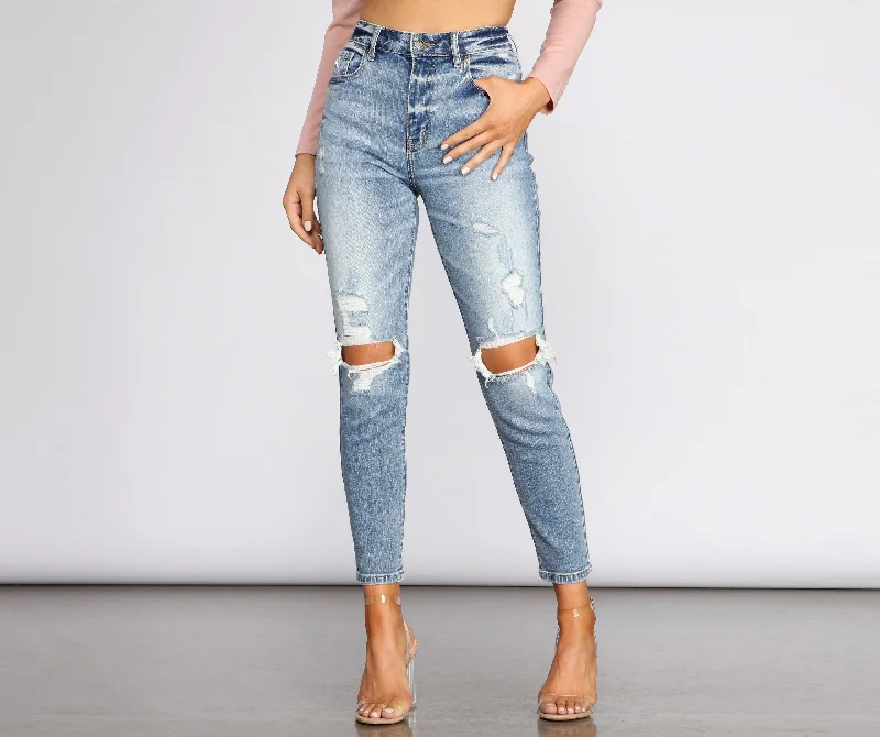 women's denim jeans with distressed back pocketsKittenAlarm - Tobi Super High Waist Destructed Mom Jeans