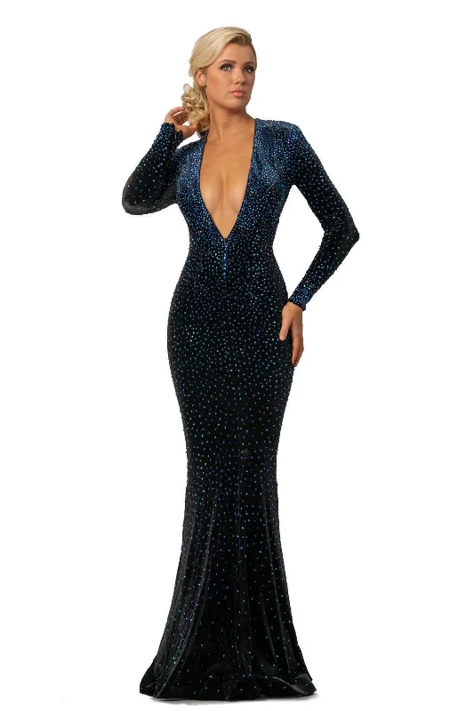 Fitted Long Sleeves Peplum Midi DressJohnathan Kayne - 2045 Embellished Long Sleeve V-neck Trumpet Dress