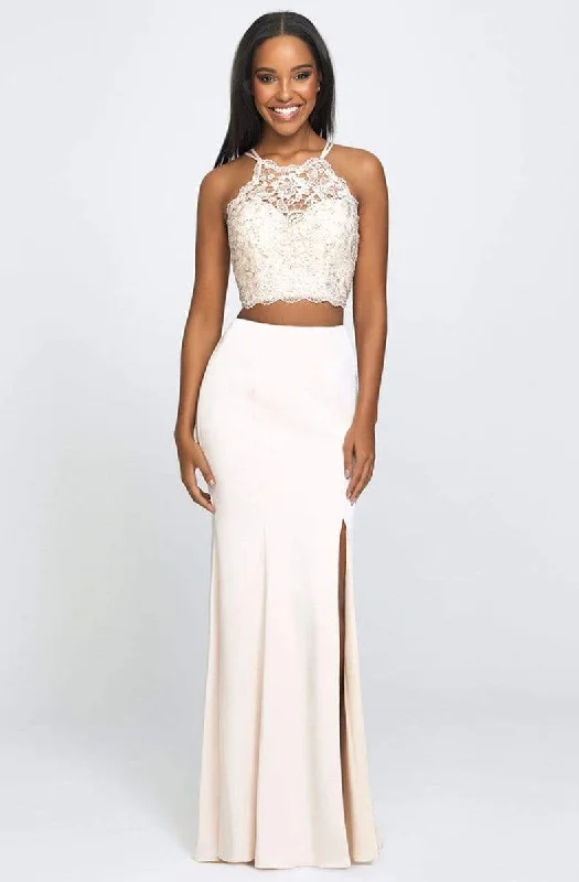 Formal Dress for Fashion WeeksMadison James - Two-Piece Beaded Illusion Halter Gown with Slit 19-201 - 1 pc Champagne In Size 02 Available