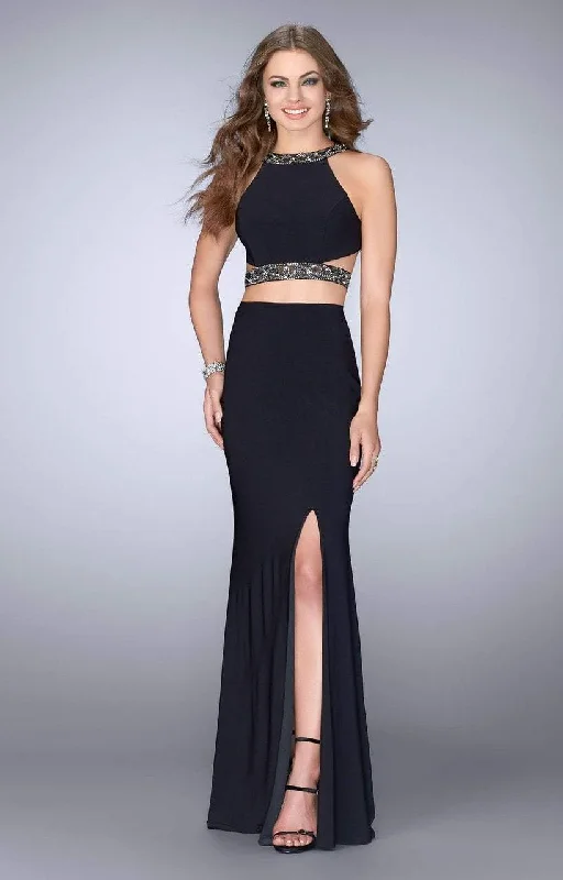 Formal Dress Rental ServicesLa Femme - Beaded Strappy Two-Piece Jersey High Slit Gown 24414SC