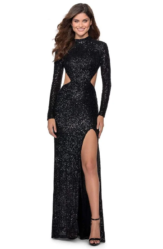 Formal Long Sleeves Lace-Up DressLa Femme - 28771 Sequined Long Sleeve High Neck Fitted Dress