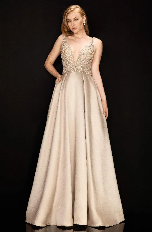 Formal Dress for EveningsTerani Couture - 2011P1094 Embellished Deep V-neck Pleated A-line Gown