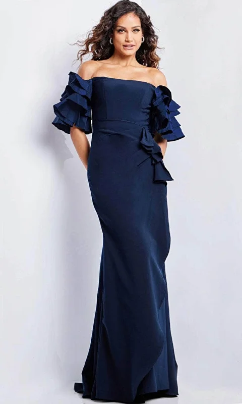 Formal Dress for Church WeddingsJovani 37674 - Off-Shoulder Straight-Across Neck Gown