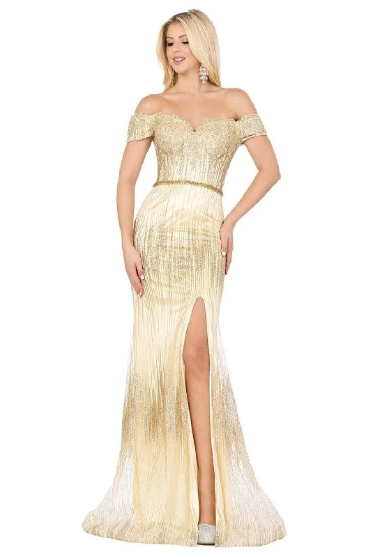 Formal Dress Shops in New YorkDancing Queen - 4071 Off-Shoulder Metallic Appliqued High Slit Gown