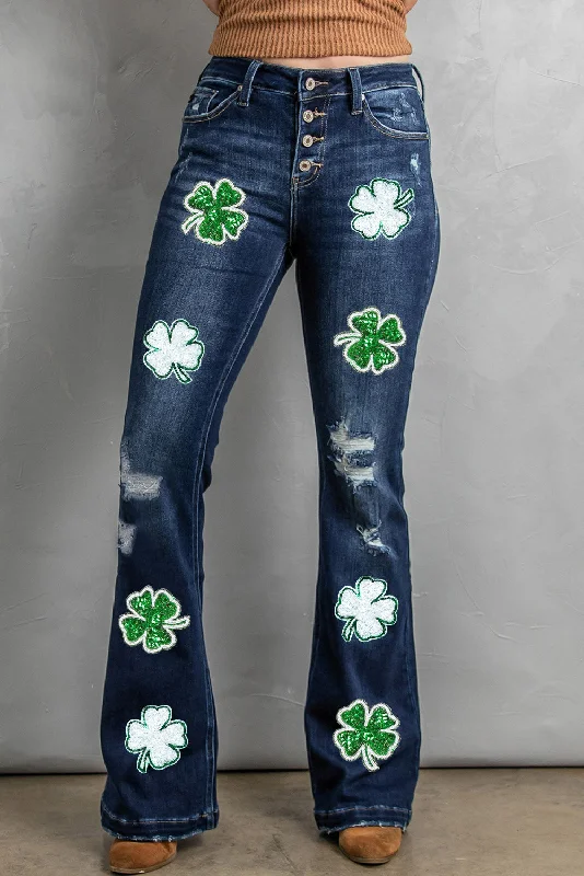 women's denim jeans with distressed thighsDistressed Lucky Clover Sequin Jeans