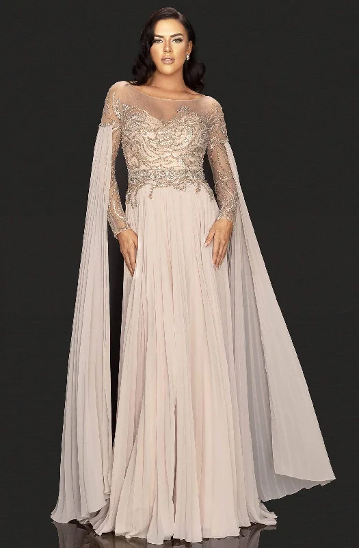 Formal Dress Trends 2023Terani Couture - 2011M2117 Beaded Long Sleeve Pleated Cascade Gown