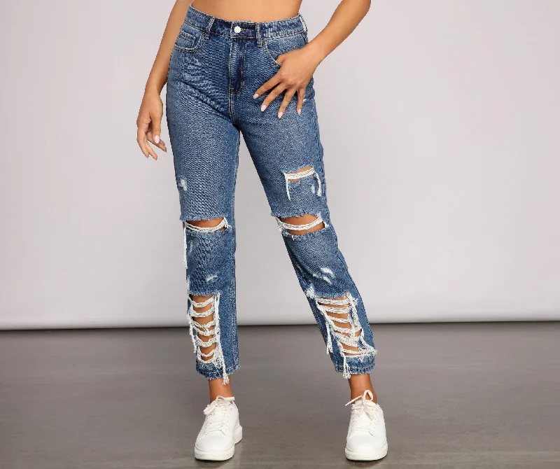 women's denim jeans for autumnKittenAlarm - Classic Destructed Straight-Leg Jeans