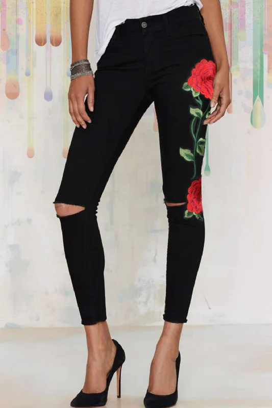 women's denim jeans for a night at the clubFull Size Rose Embroidery Cutout Jeans