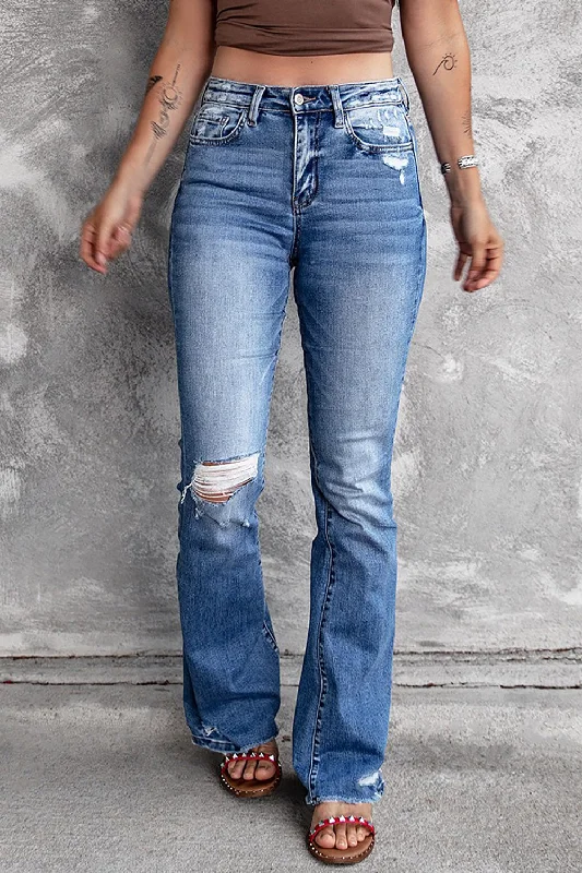 women's denim jeans with zippersDistressed Flared Jeans with Pockets