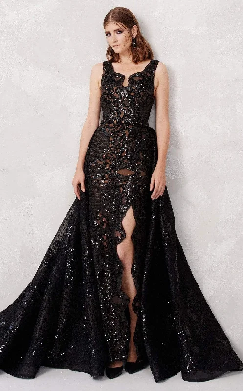 Formal Dress for Masquerade BallsMNM Couture - N0272 Sequined Scallop High Slit Overskirt Gown