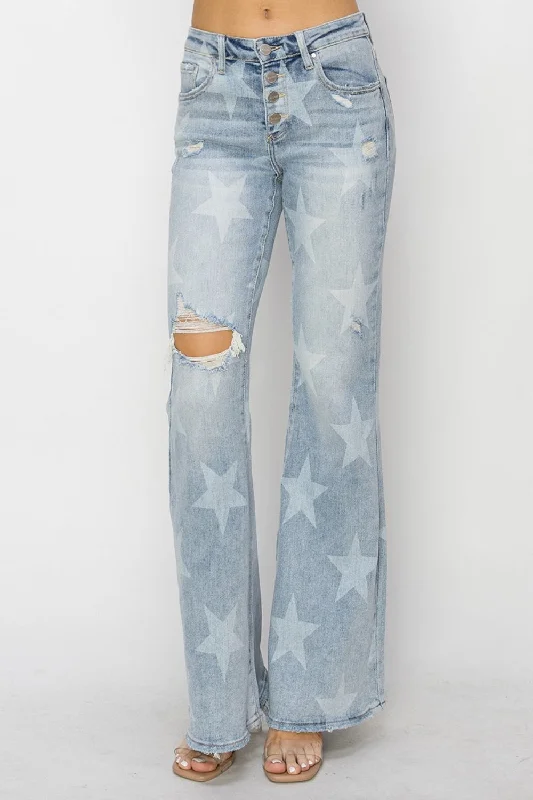 women's denim jeans with fake pocketsRISEN Mid Rise Button Fly Start Print Flare Jeans