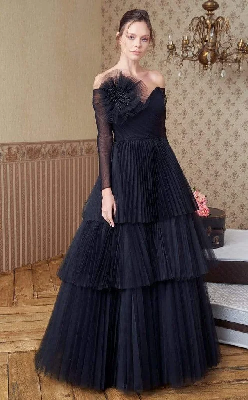 Formal Dress for Museum GalasMNM Couture - N0342 Floral Accent Long Sleeve Off-Shoulder Ballgown