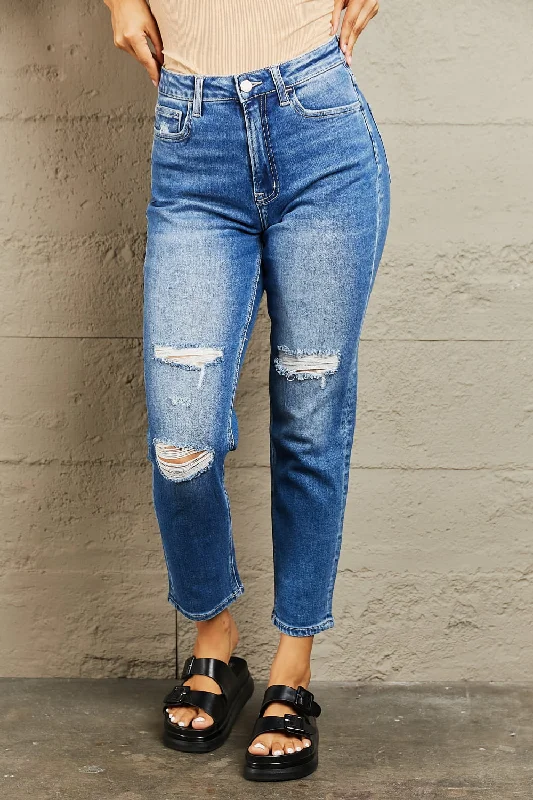 women's mom jeans denimBAYEAS High Waisted Cropped Dad Jeans