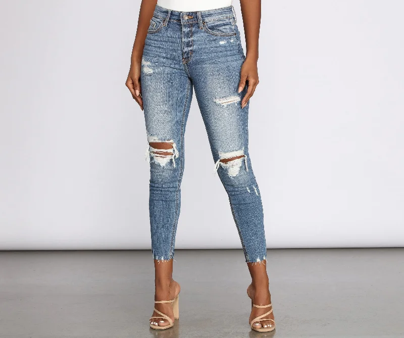 women's denim jeans for casual wearKittenAlarm - Clara High Rise Distressed Skinny Jeans