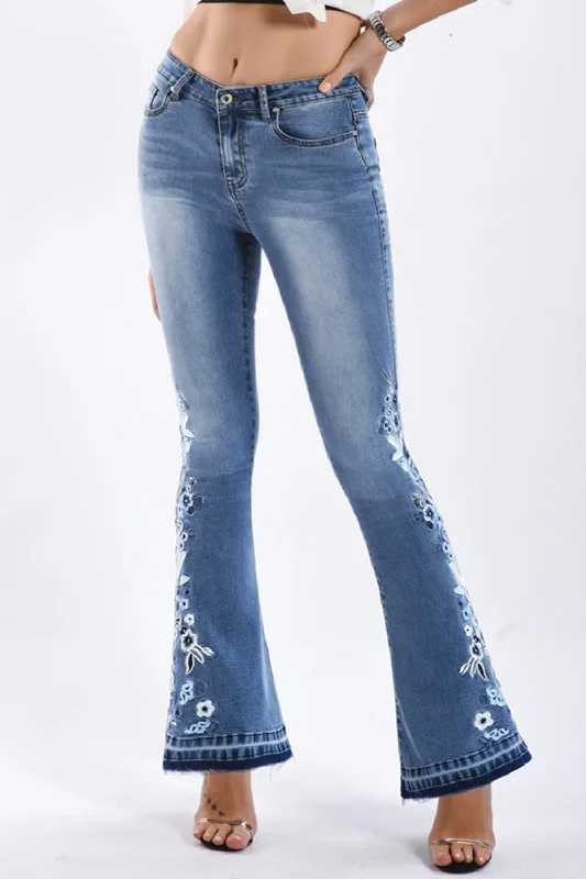 women's mid-rise denim jeansFull Size Flower Embroidery Wide Leg Jeans