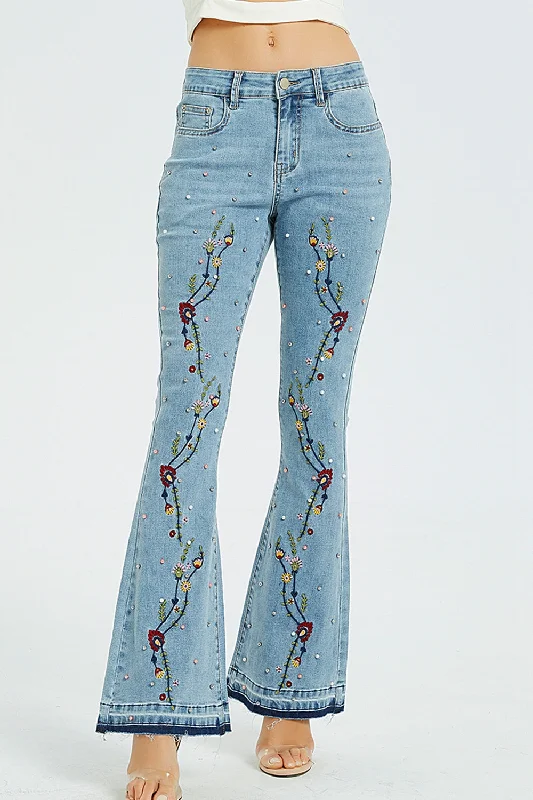 women's denim jeans for special occasionsFull Size Flower Embroidery Wide Leg Jeans