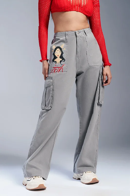 women's denim jeans with embroidery on pocketsKoam Grey Cargo Pants