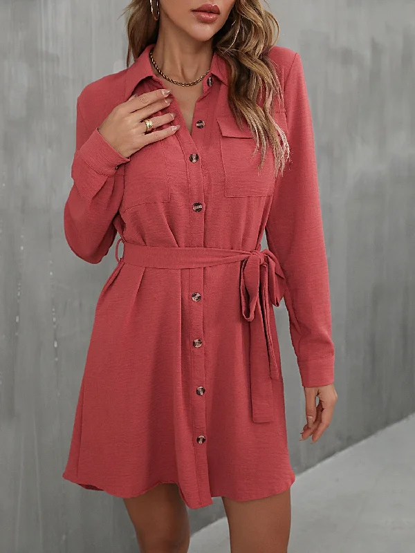 Fancy Long Sleeves DressButton Down Belted Long Sleeve Shirt Dress