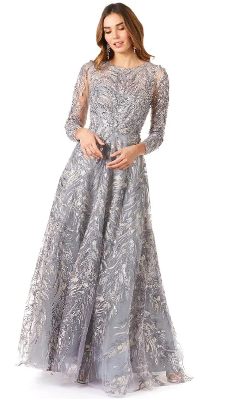 Formal Velvet Long Sleeves DressLara Dresses 29353 - Floral Beaded Sheer Bateau Long Sleeved Dress