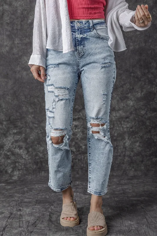 women's denim jeans with lace trimDistressed High Waist Jeans