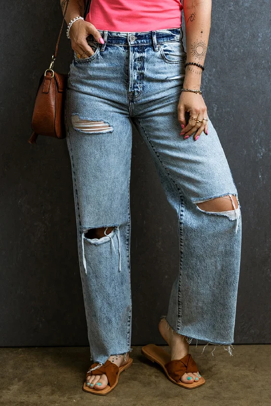 women's denim jeans with embroideryDistressed Raw Hem Straight Jeans