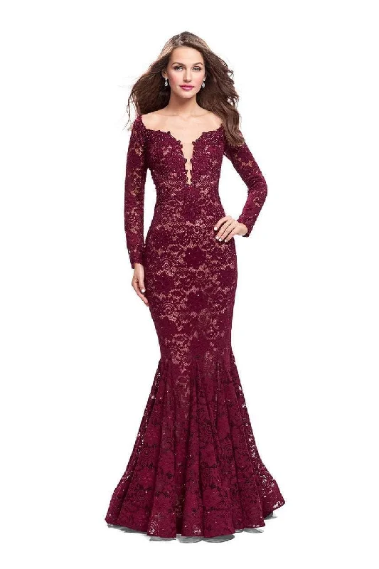 Flirty Lace Long Sleeves DressLa Femme - 25607 Beaded Long Sleeve Lace Mermaid Dress