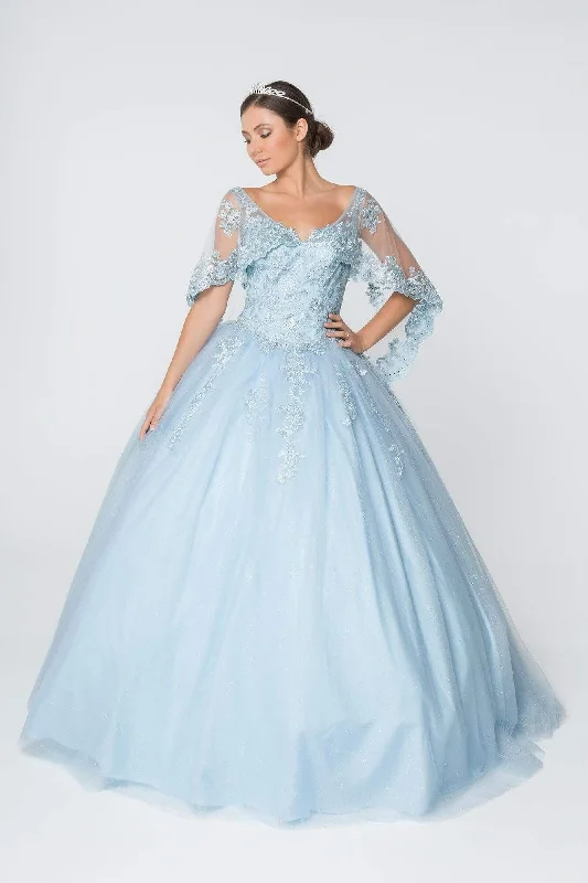 Formal Dress for Corporate AwardsElizabeth K - GL2800 Sheer Cape Sleeve Appliqued Glitter Ballgown