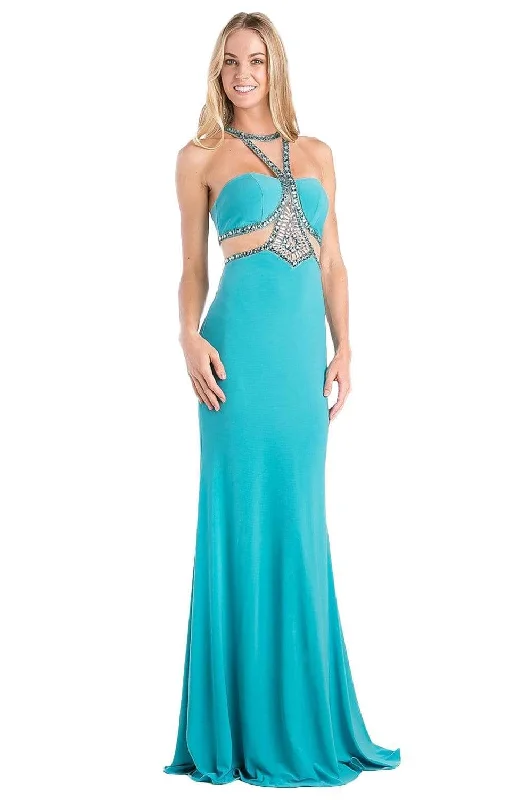 Formal Dress for Film PremieresCinderella Divine - CP812 Jeweled Sheer Midriff Sheath Gown