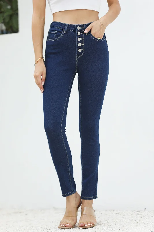 women's denim jeans with raw hemsHigh Waist Button-Fly Slim Jeans