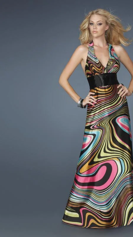 Formal Dress for Masquerade BallsLa Femme - 14369 Long Haltered Gown in Optical Multi-color Print