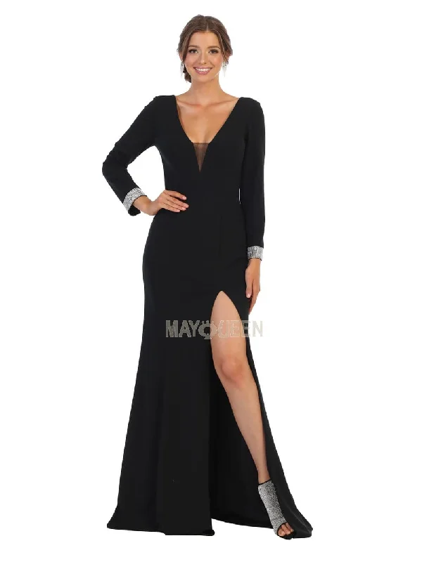 Fabulous Formal Long Sleeves DressMay Queen - MQ1761 Plunging V-Neck Long Sleeves Dress with Slit