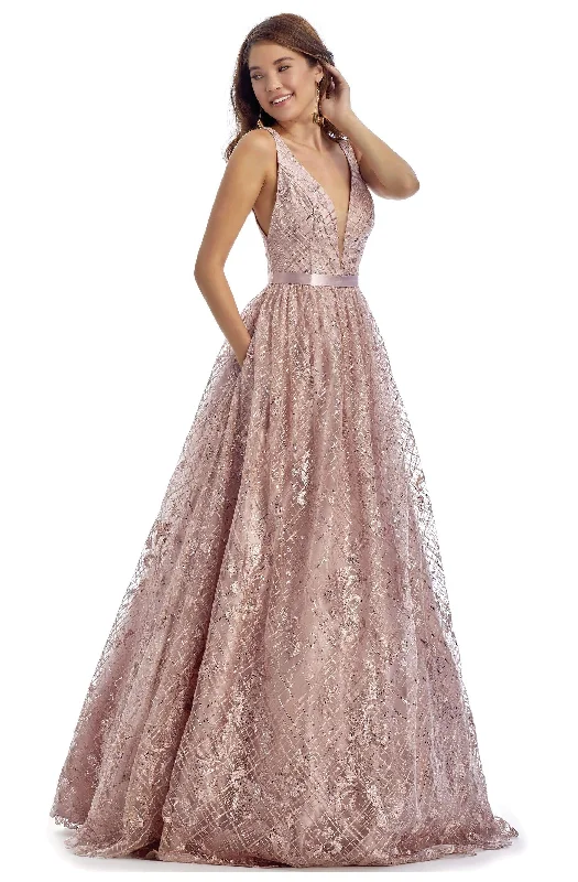 Formal Dress for GraduationsClarisse - 5113 Sequined Floral Embroidered Deep V-neck A-line Gown