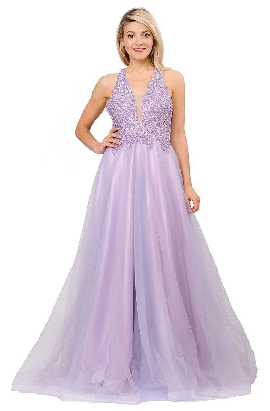 Formal Dress for Semi-Formal EventsPoly USA - 8412 Beaded Deep V-neck Ballgown With Strappy Back