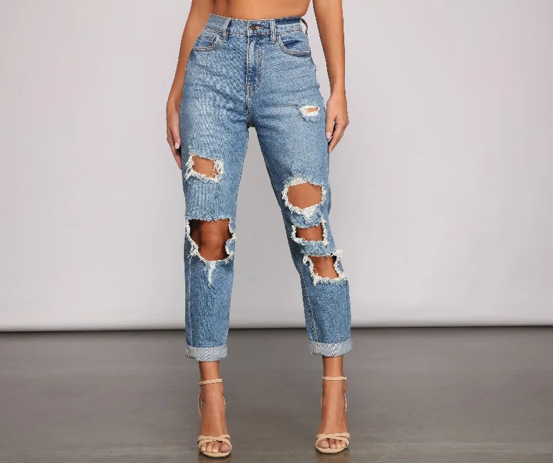 women's denim jeans with functional pocketsKittenAlarm - Totally Destructed Cuffed Mom Jeans