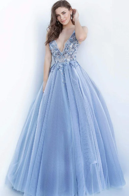 Formal Dress for Destination WeddingsJovani - 3110 Floral Applique Deep V-neck Tulle Ballgown