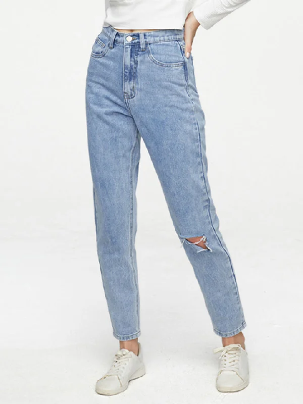 women's acid-washed denim jeansButtoned Distressed Jeans