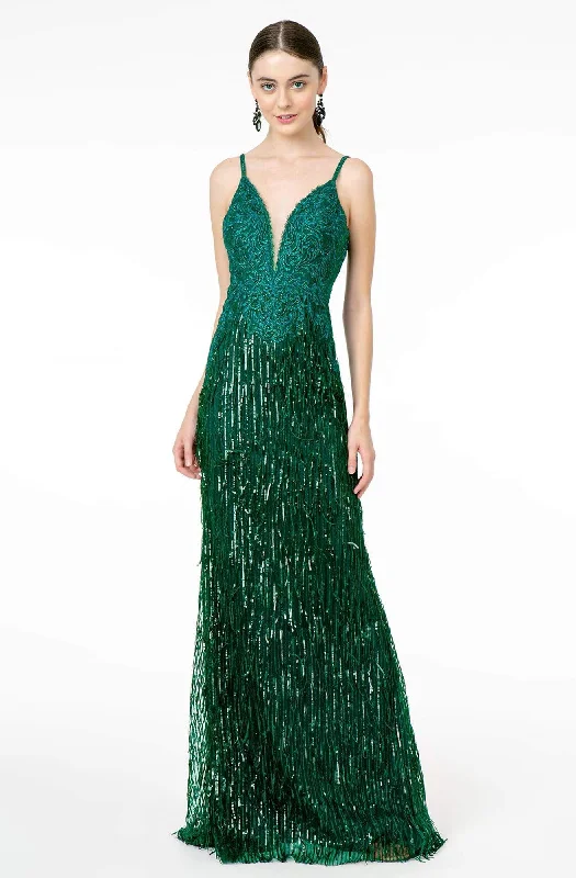 Formal Dress for Semi-Formal EventsGLS by Gloria - GL1824 Plunging Sequin Fringed Sheath Gown