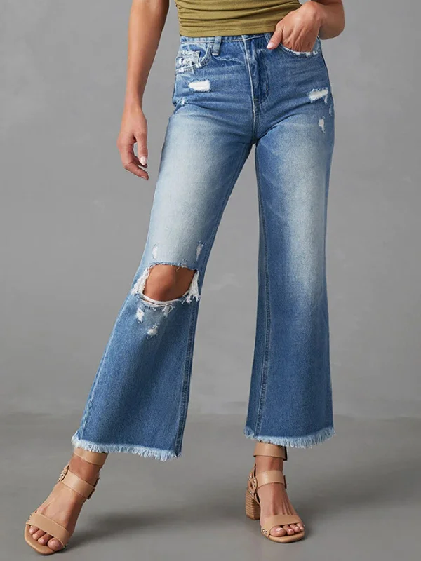 women's denim jeans for pear-shaped bodiesDistressed Raw Hem Jeans with Pockets