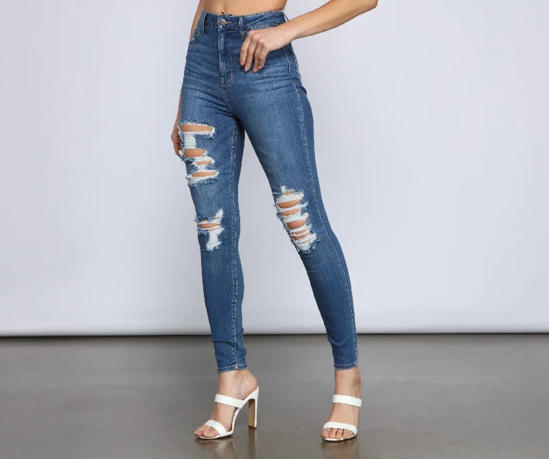 women's denim jeans with ripped kneesKittenAlarm - Classic High Rise Super Skinny Destructed Jeans