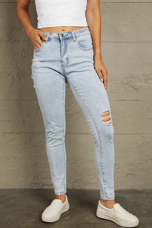 women's denim jeans with raw hemsBaeful Ankle-Length Distressed Jeans with Pockets