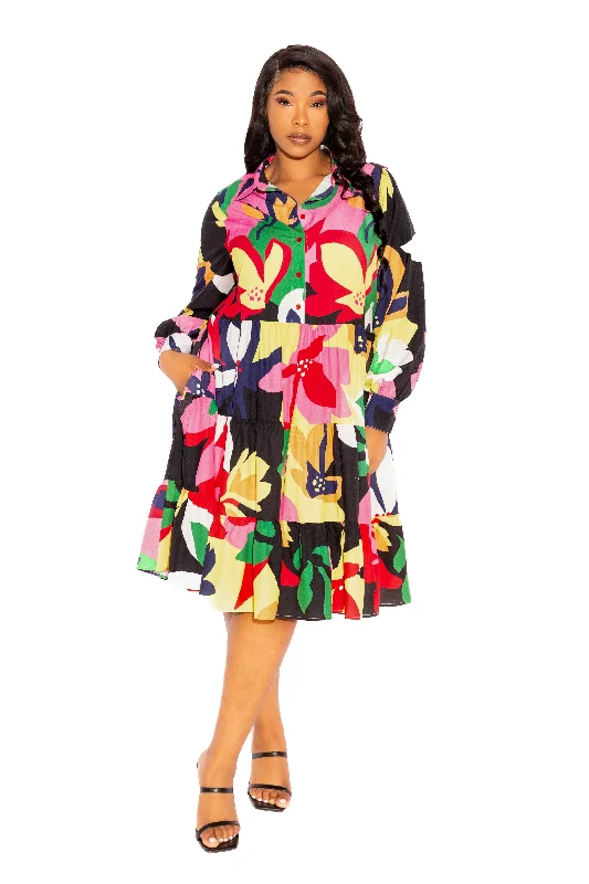 Fancy Long Sleeves Wedding Guest DressFloral Long Sleeve Tiered Shirt Dress