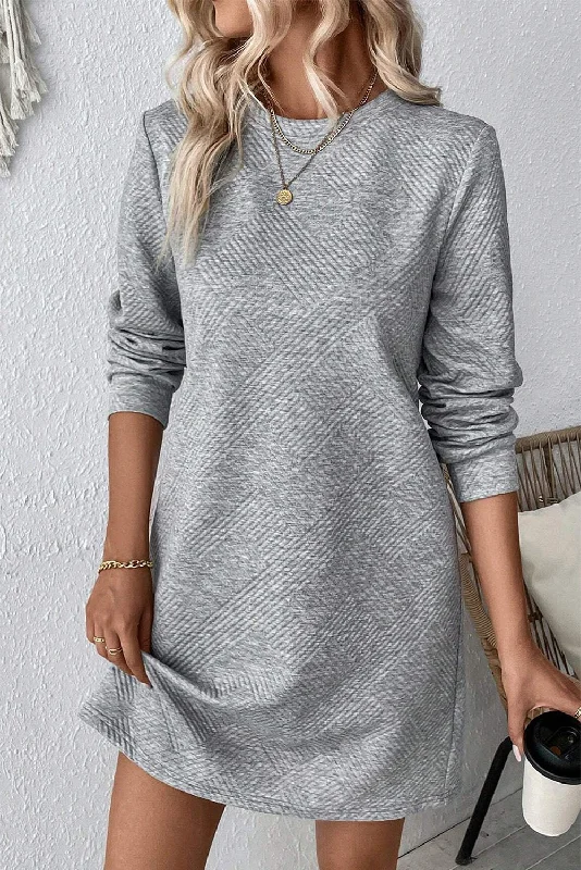 Fashionable Satin Long Sleeves DressGray Solid Color Textured Long Sleeve Shift Short Dress