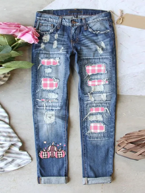 women's denim jeans with fake pocketsDistressed Printed Straight Jeans