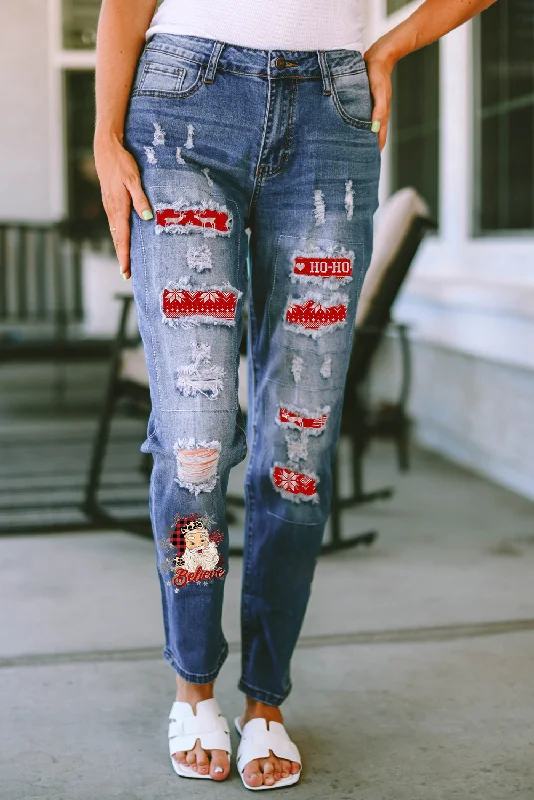 women's denim jeans for a bohemian lookSanta Graphic Distressed Straight Jeans