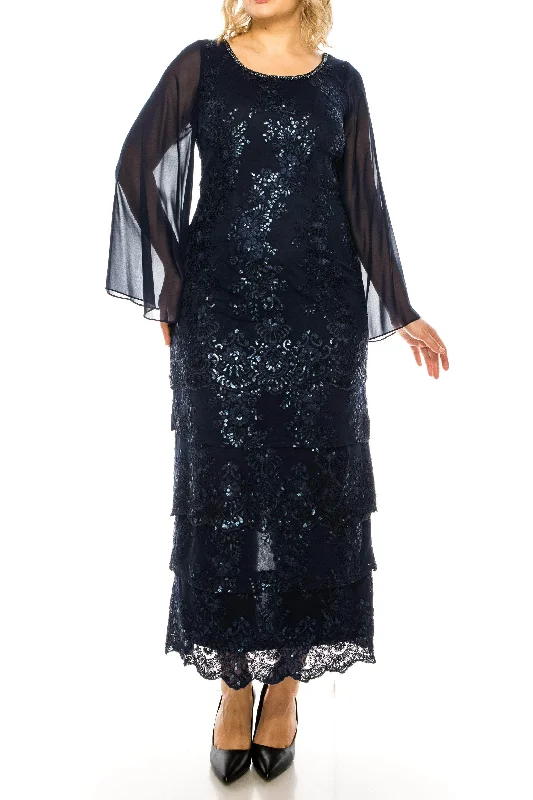 Fuzzy Long Sleeves DressMaya Brooke 28407MV - Floral Sequined Sheer Long Sleeved Tiered Dress