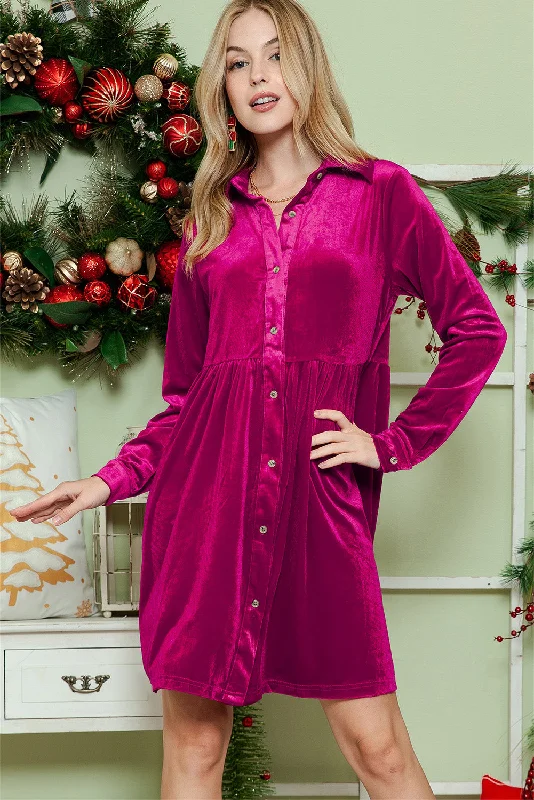 Fitted Floral Long Sleeves DressRose Long Sleeve Ruffle Velvet Button Up Shirt Dress