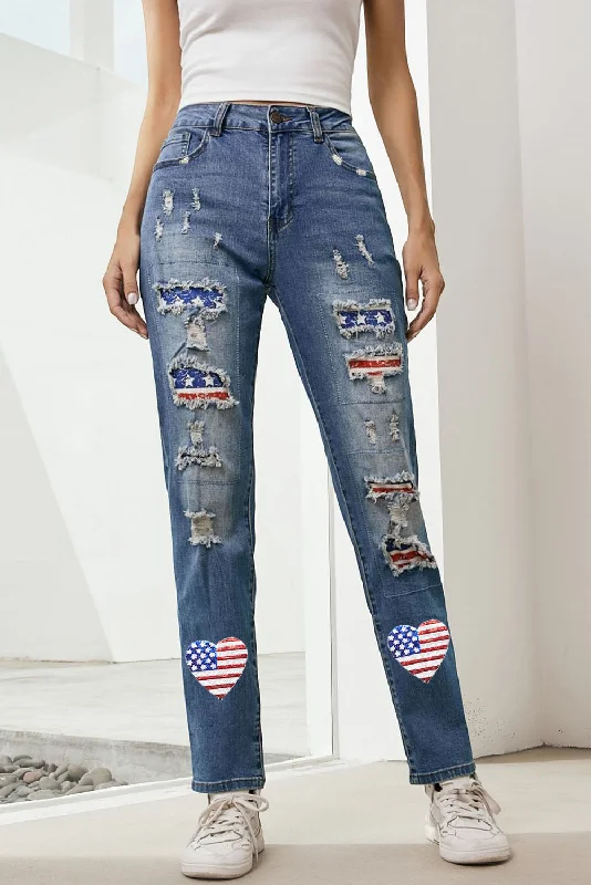 women's denim jeans with zippersUS Flag Distressed Straight Jeans