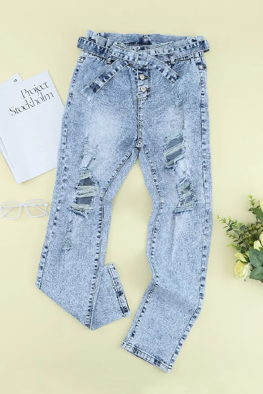 women's denim jeans with distressed back pocketsAcid Wash Belted Button Fly Distressed Jeans